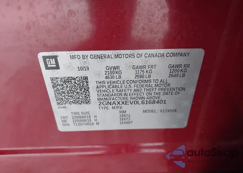 2020 Chevrolet Equinox Awd Premier 1.5L Turbo из США, поврежденный, VIN 2GNAXXEV0L6168401